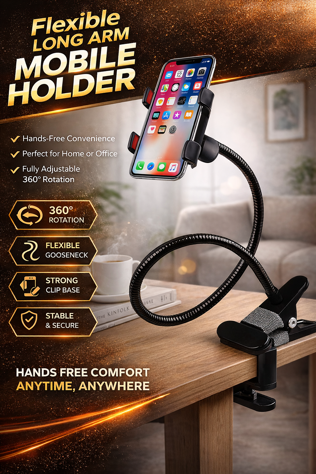 Flexible Desktop Mobile Phone Stand | Height Adjustable, 360° Rotation for Table, Online Classes & Video Shoot